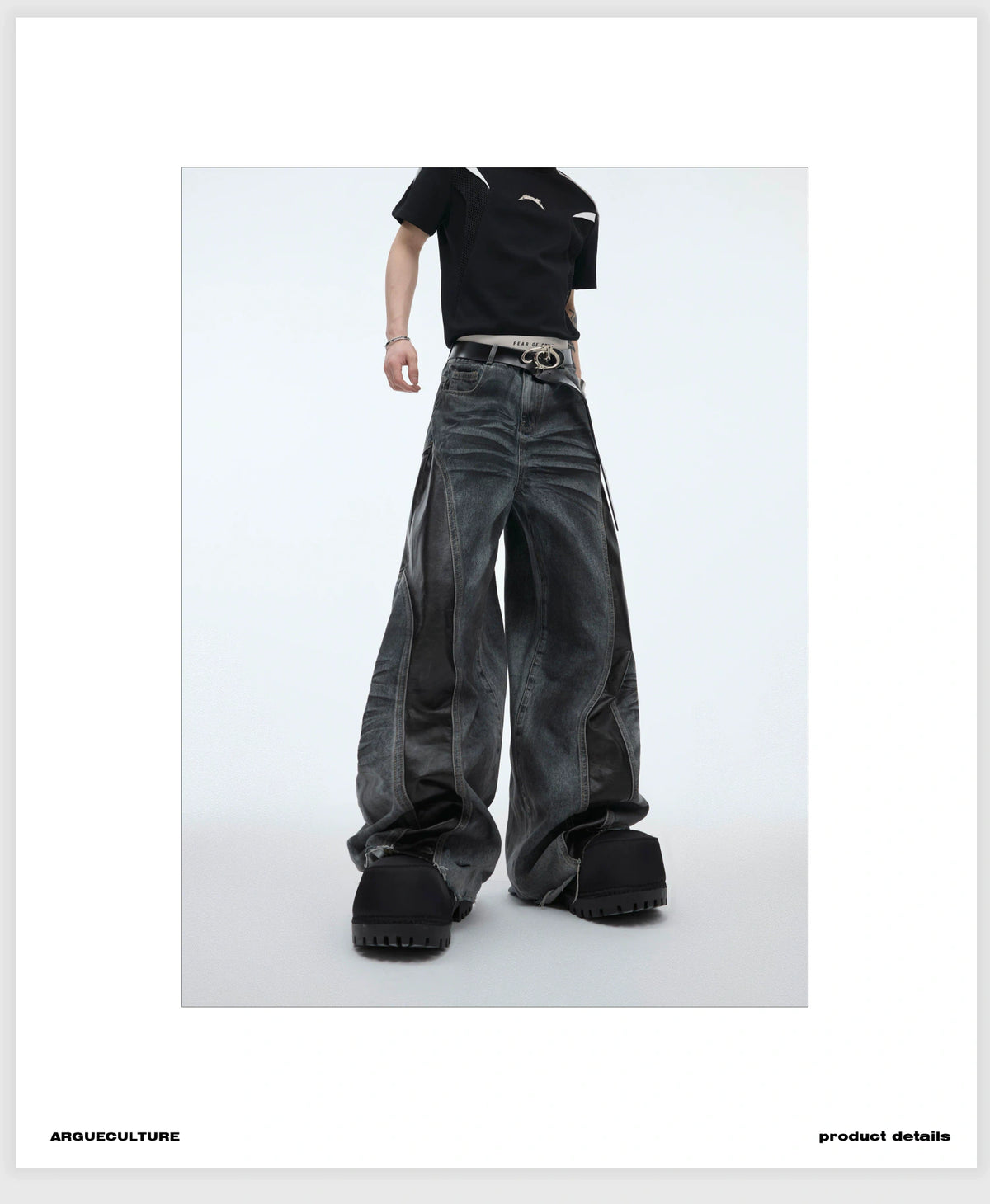 Relaxed Washed Denim Jeans with PU Panel Details - description image 2