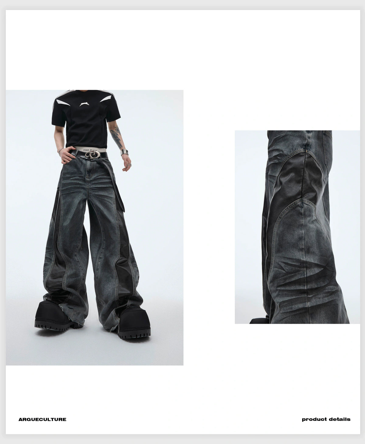 Relaxed Washed Denim Jeans with PU Panel Details - description image 3