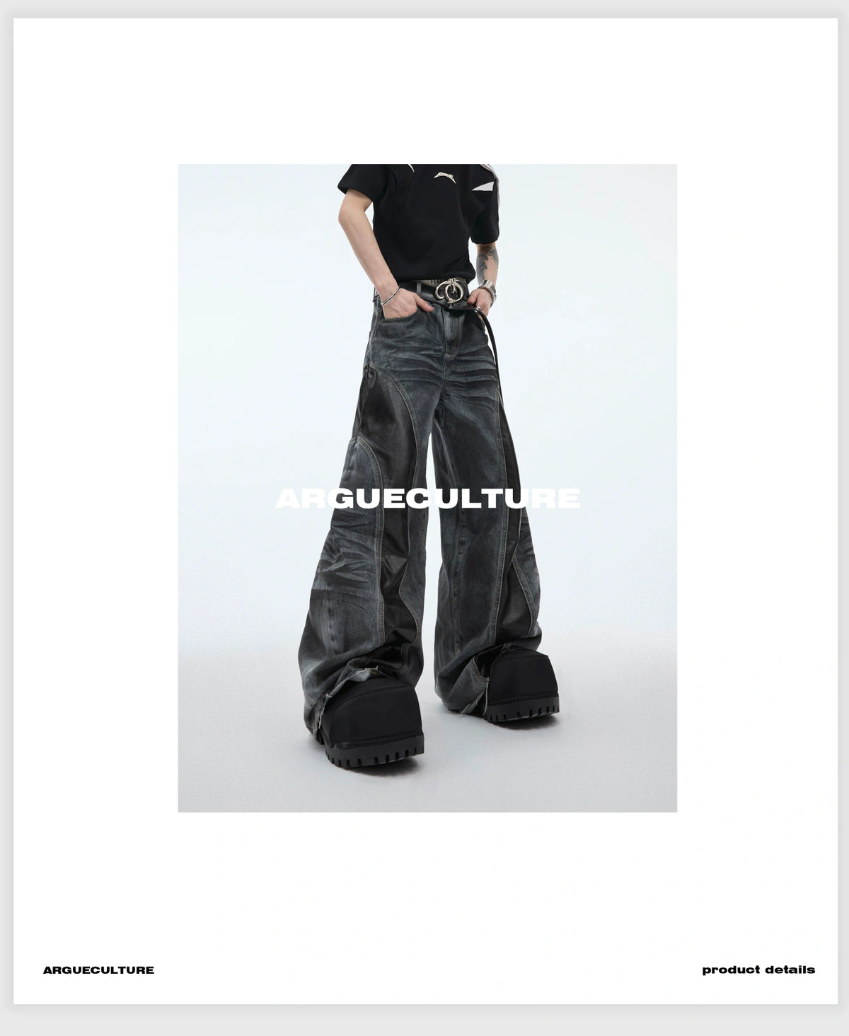 Relaxed Washed Denim Jeans with PU Panel Details - description image 6