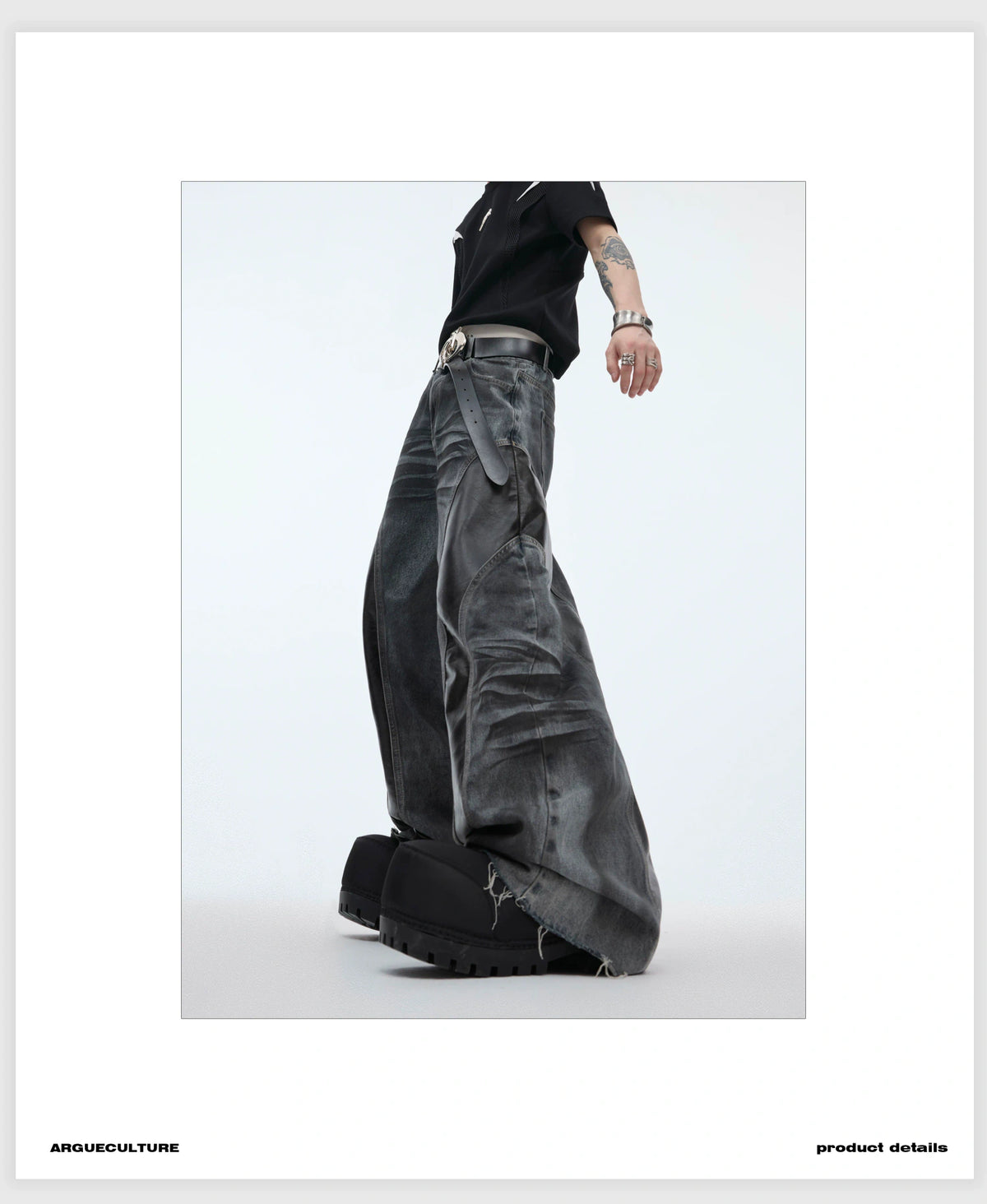 Relaxed Washed Denim Jeans with PU Panel Details - description image 7