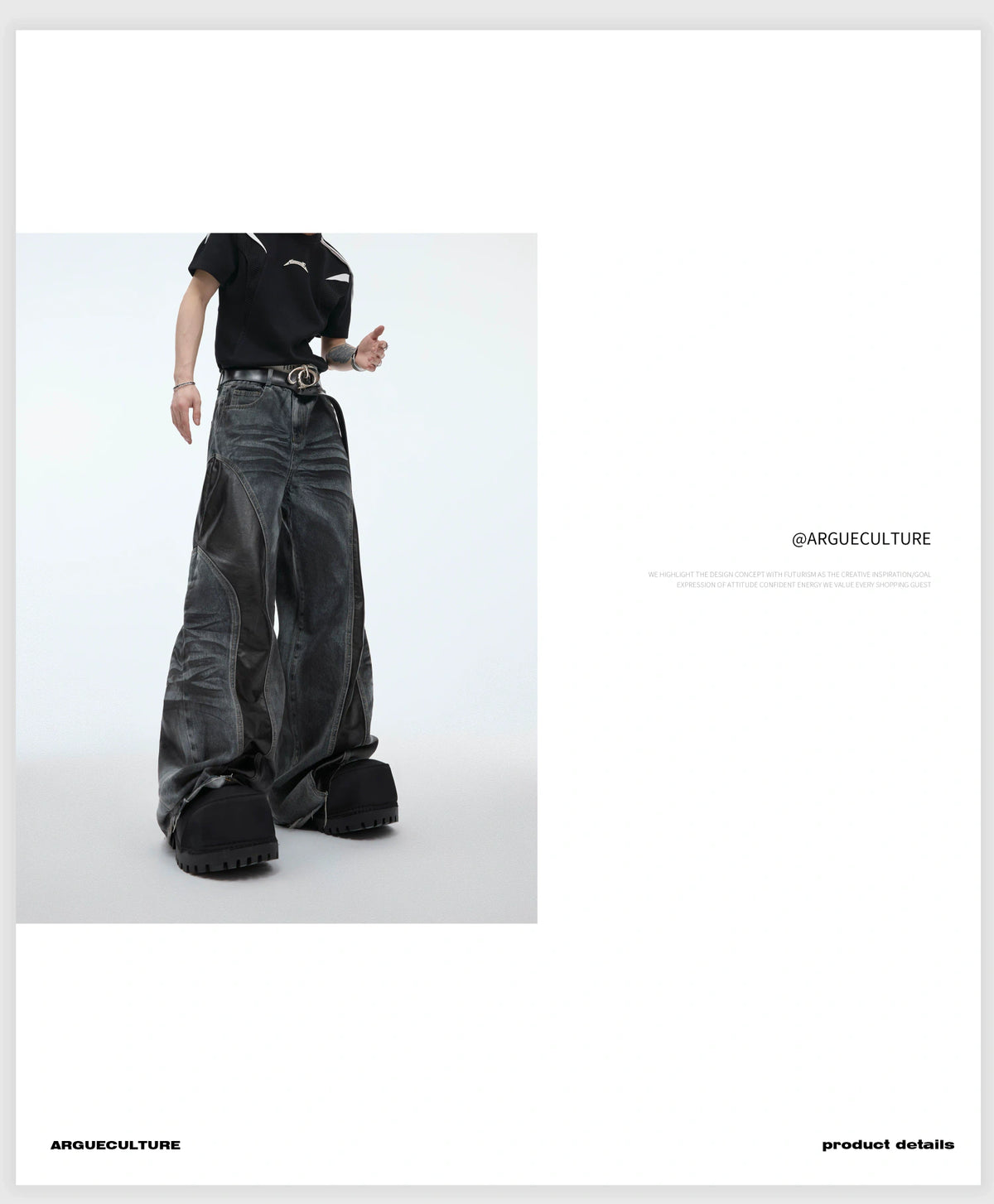 Relaxed Washed Denim Jeans with PU Panel Details - description image 8
