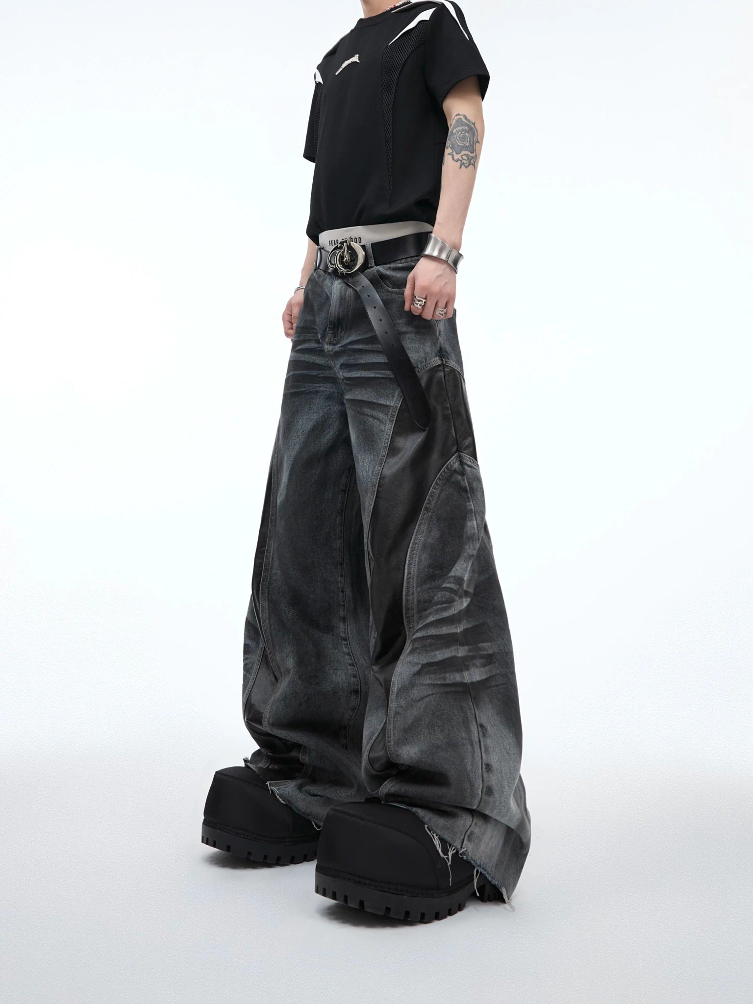 Relaxed Washed Denim Jeans with PU Panel Details - main image 1