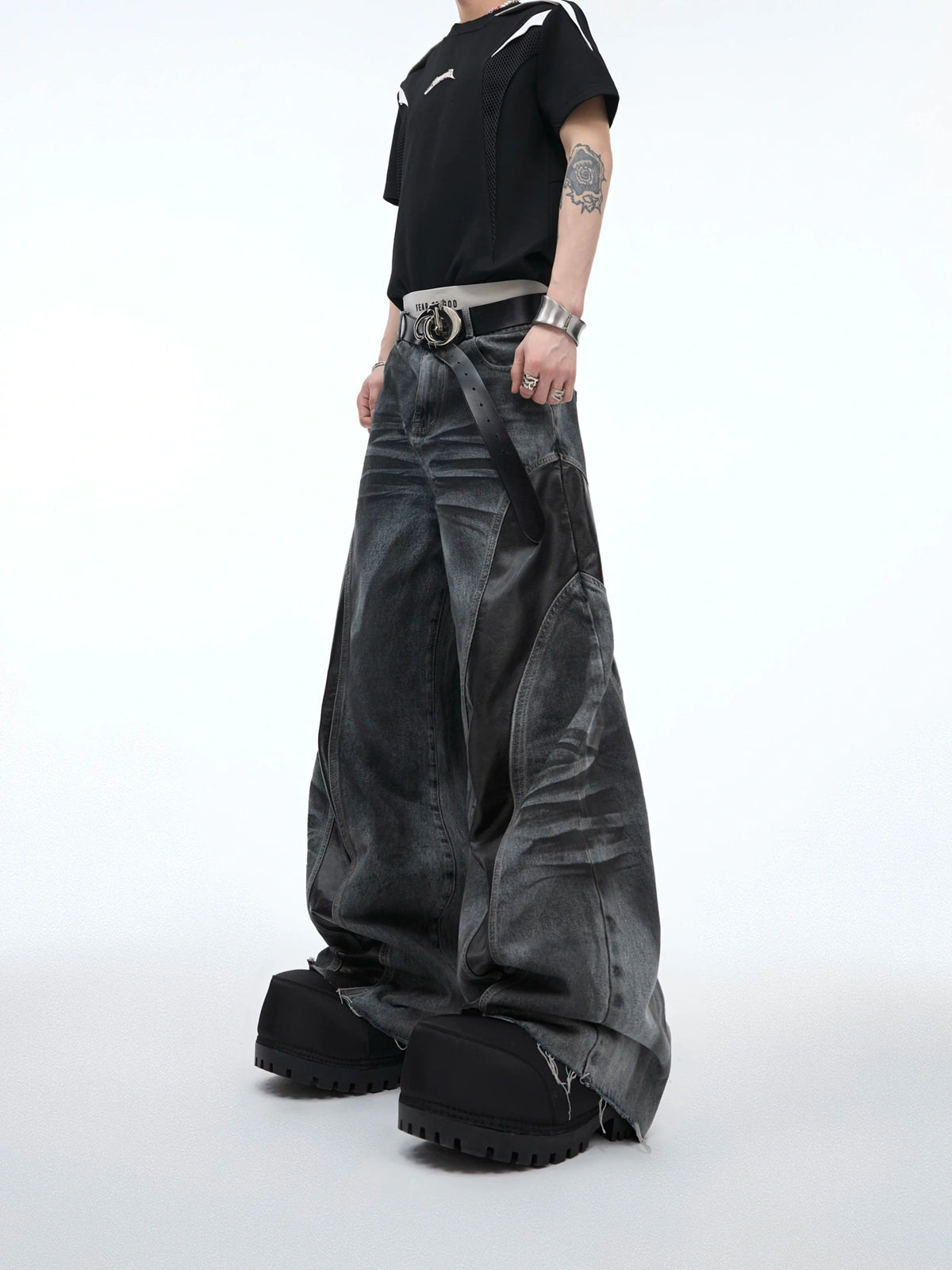Relaxed Washed Denim Jeans with PU Panel Details - main image 1