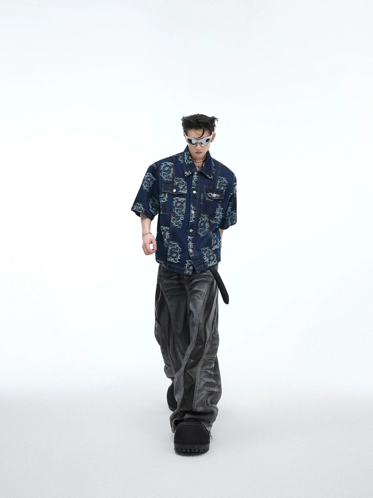 Relaxed Washed Denim Jeans with PU Panel Details - main image 3