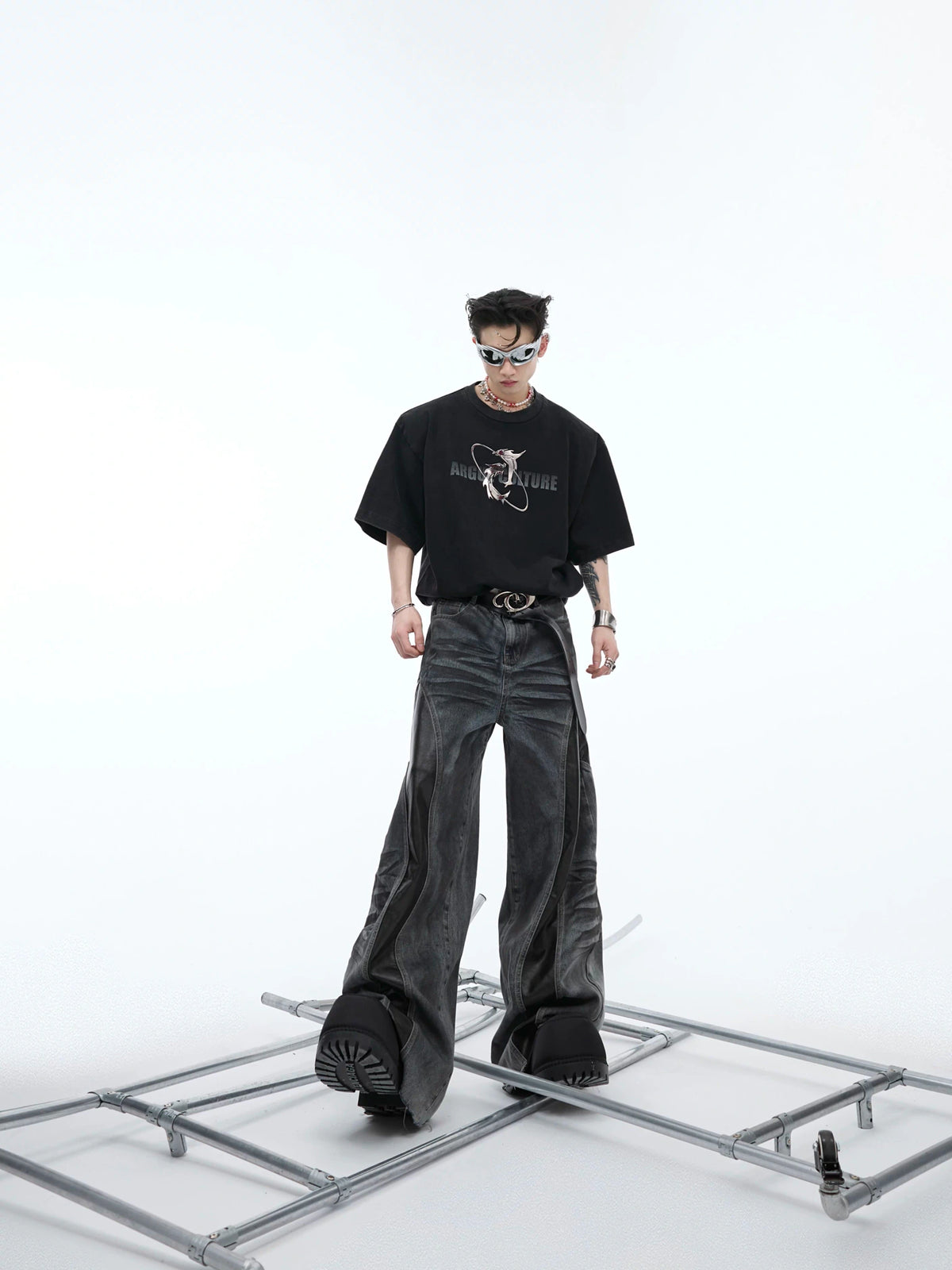 Relaxed Washed Denim Jeans with PU Panel Details - main image 5