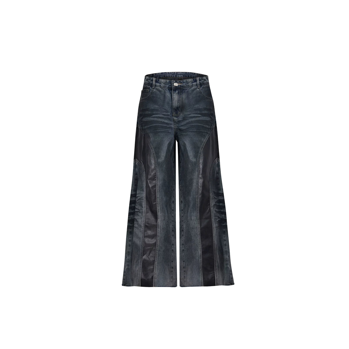 Relaxed Washed Denim Jeans with PU Panel Details - Muted Blue