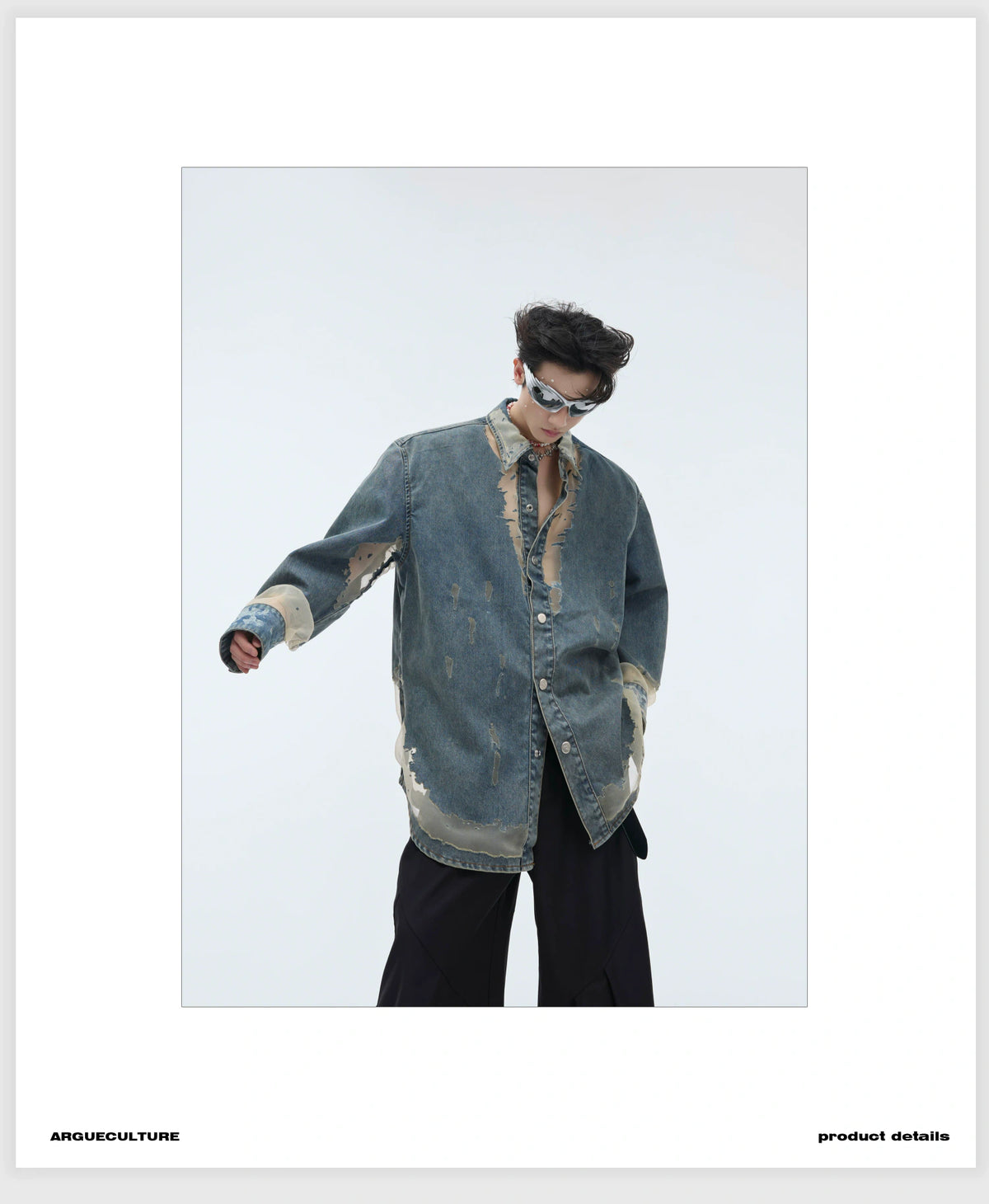 Deconstructed Hollow Denim Shirt with Lace Panels - description image 2