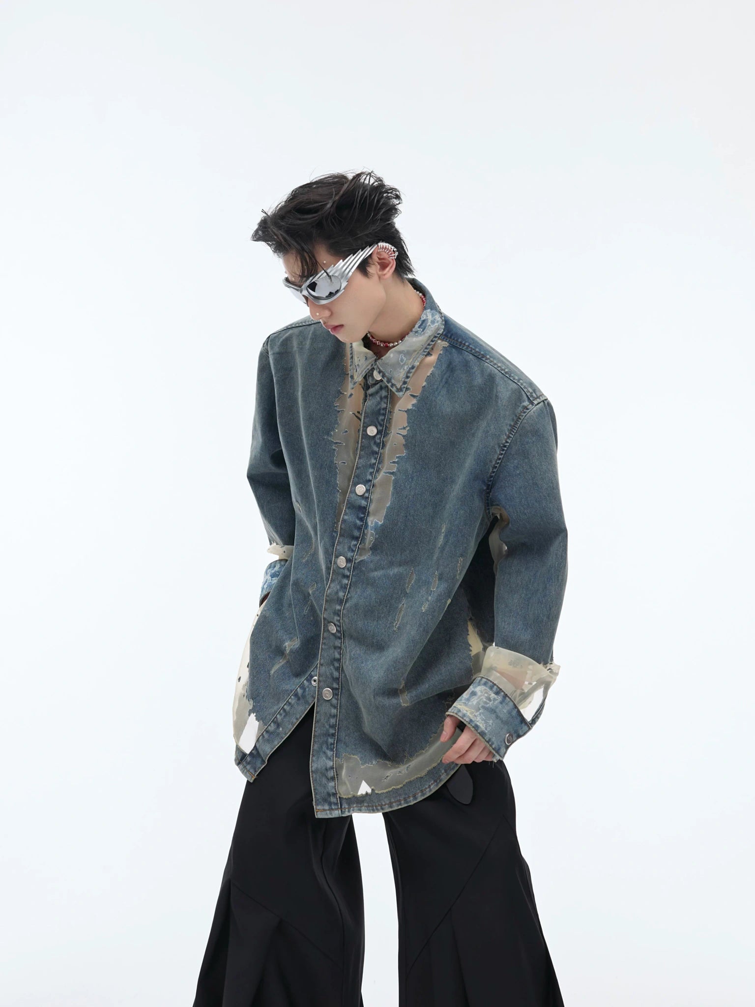 Deconstructed Hollow Denim Shirt with Lace Panels - main image 2