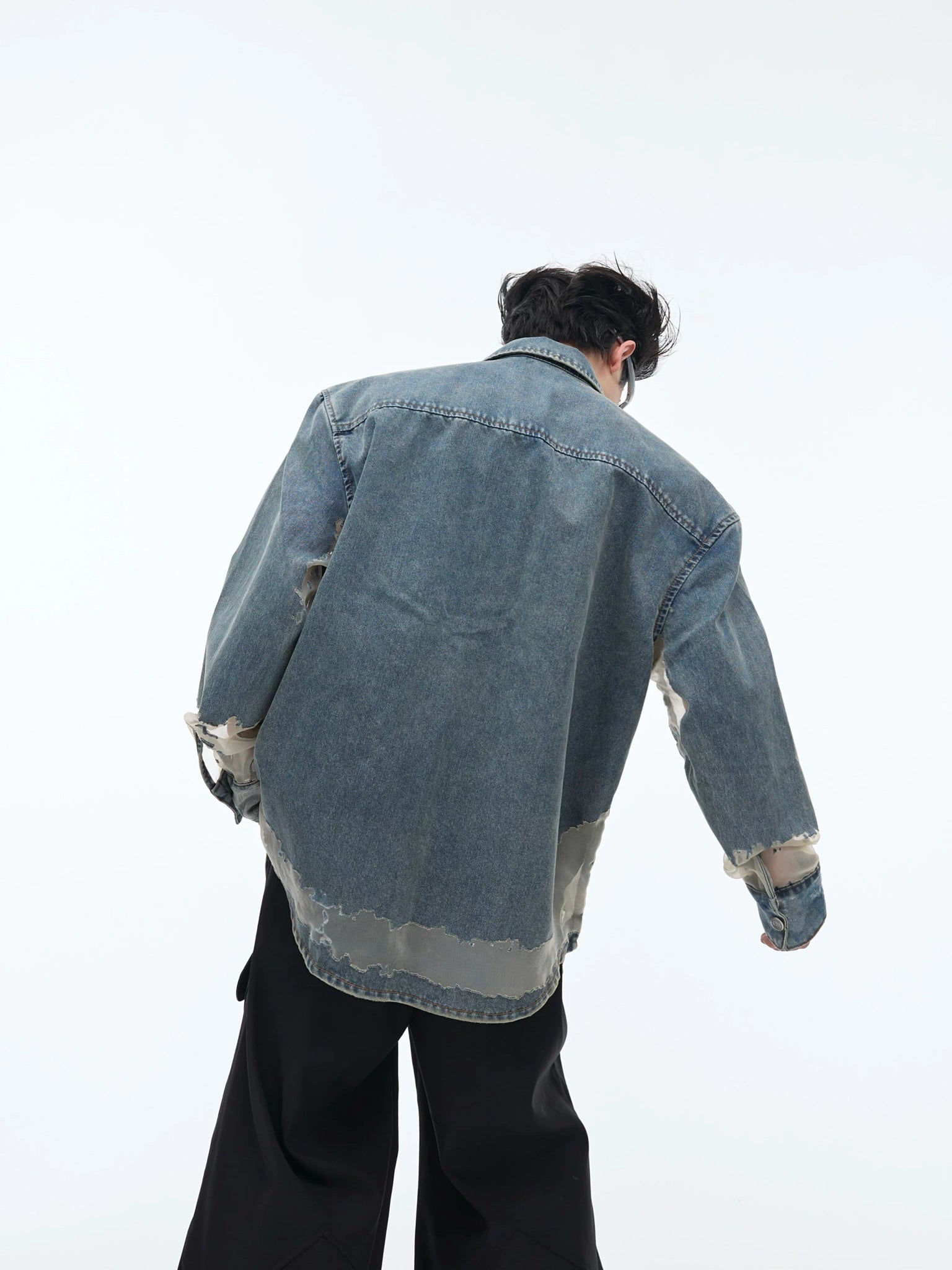 Deconstructed Hollow Denim Shirt with Lace Panels - main image 3