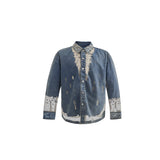 Deconstructed Hollow Denim Shirt with Lace Panels - Blue