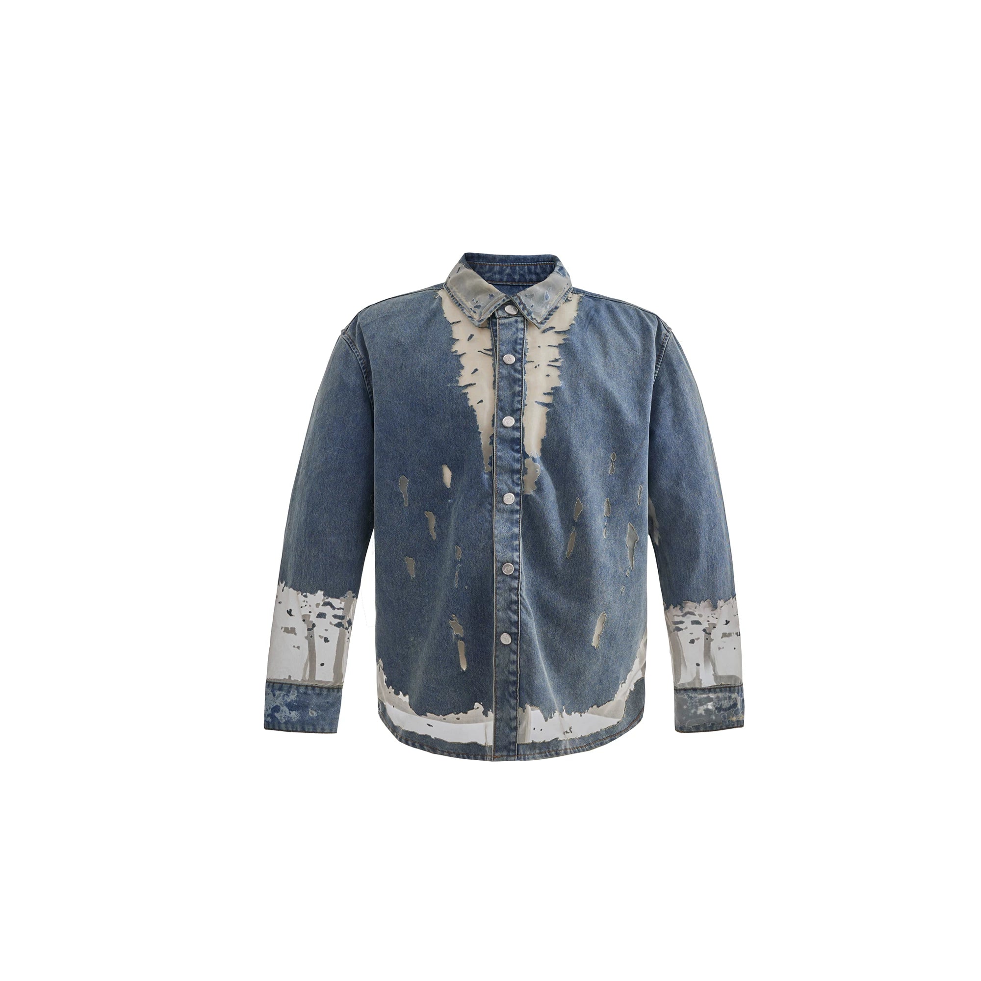 Deconstructed Hollow Denim Shirt with Lace Panels - Blue