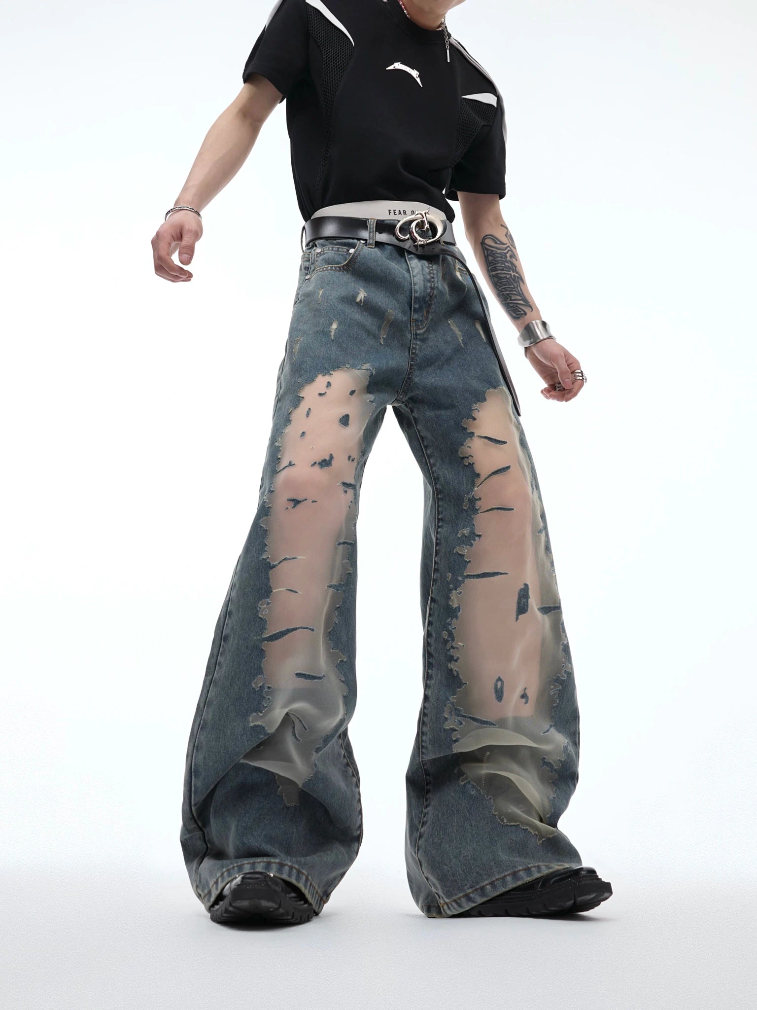 Distressed Washed Flare Jeans | Mid-Rise Denim Pants - main image 3