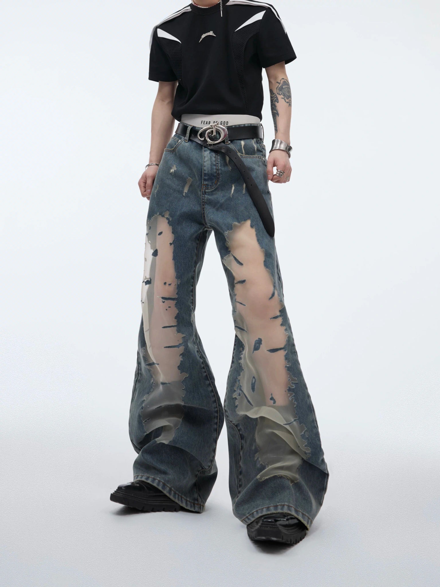 Distressed Washed Flare Jeans | Mid-Rise Denim Pants - Blue