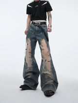 Distressed Washed Flare Jeans | Mid-Rise Denim Pants - Blue