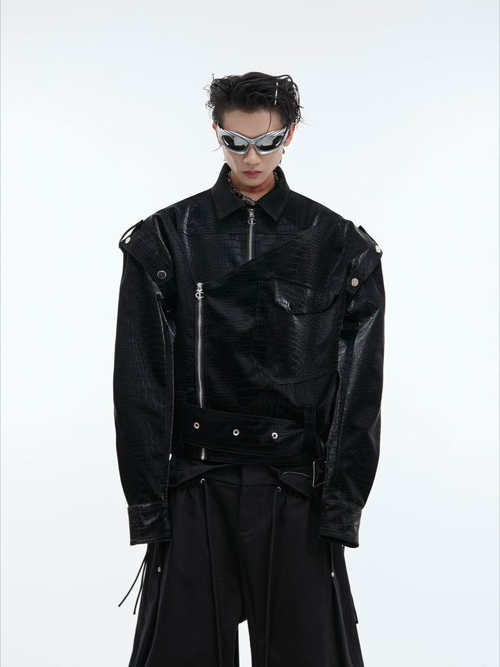 Glossy Crocodile Print PU Leather Jacket with Deconstructed Design - ArgueCulture