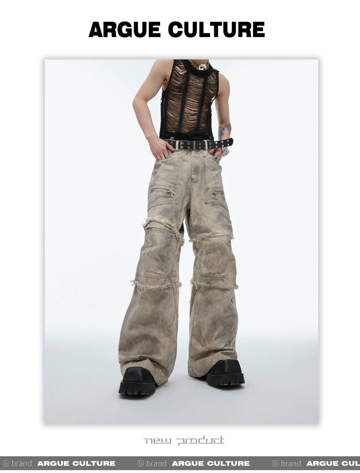 Grey-Beige Washed Detachable Cargo Pants | Relaxed Fit - description image 4
