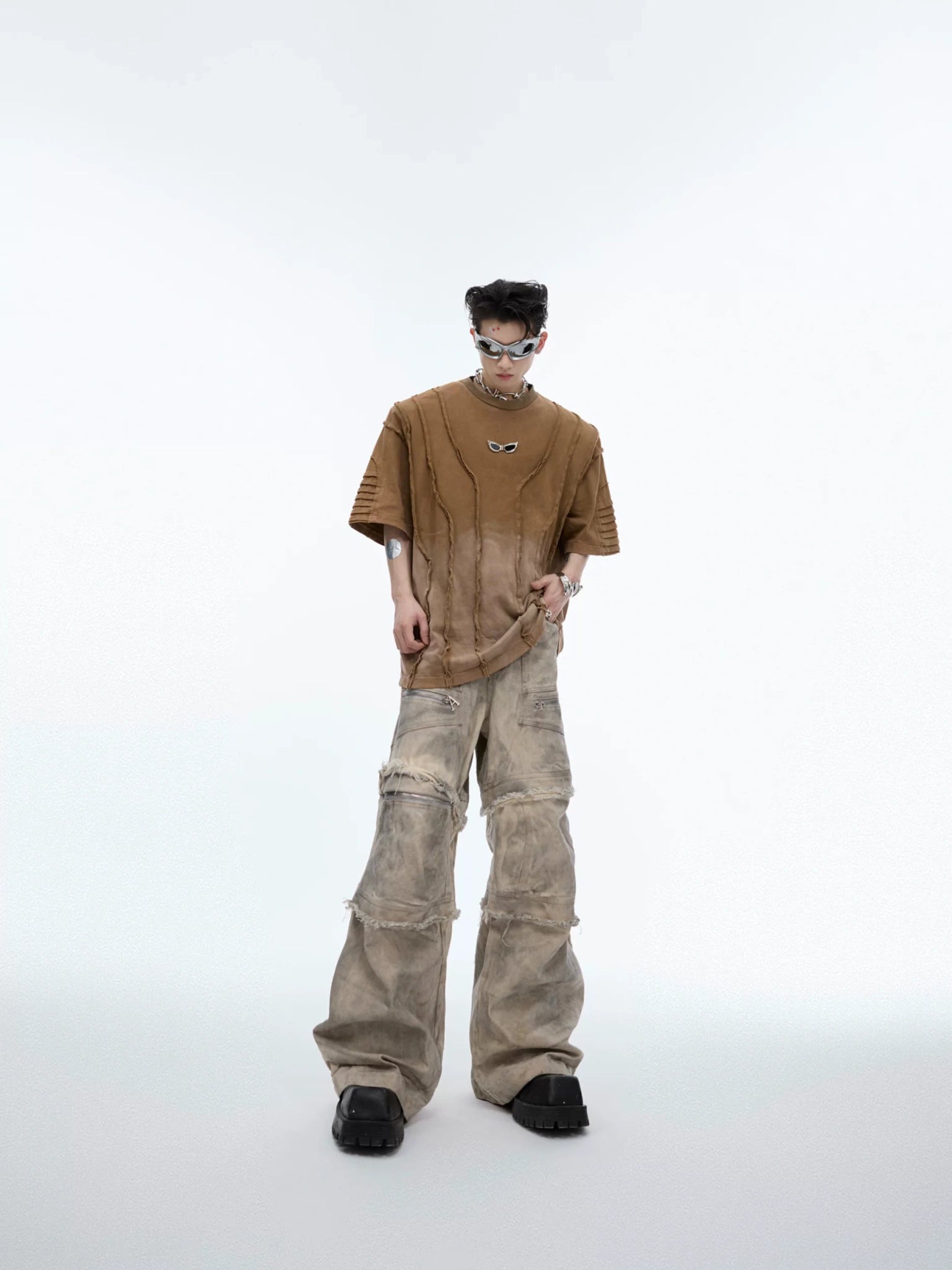 Grey-Beige Washed Detachable Cargo Pants | Relaxed Fit - main image 3