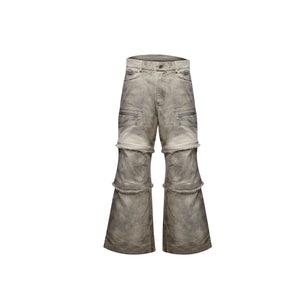 Grey-Beige Washed Detachable Cargo Pants | Relaxed Fit - Yellow (Convertible to Shorts)