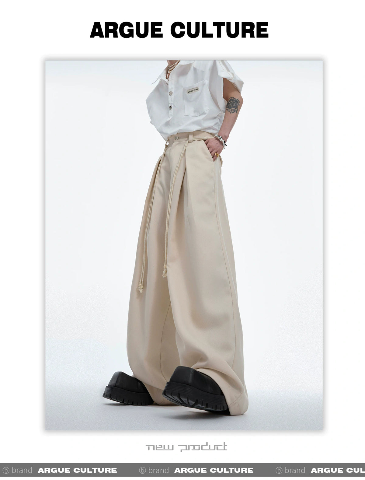 Pleated Wide-Leg Trousers with Drawstring Details - description image 1