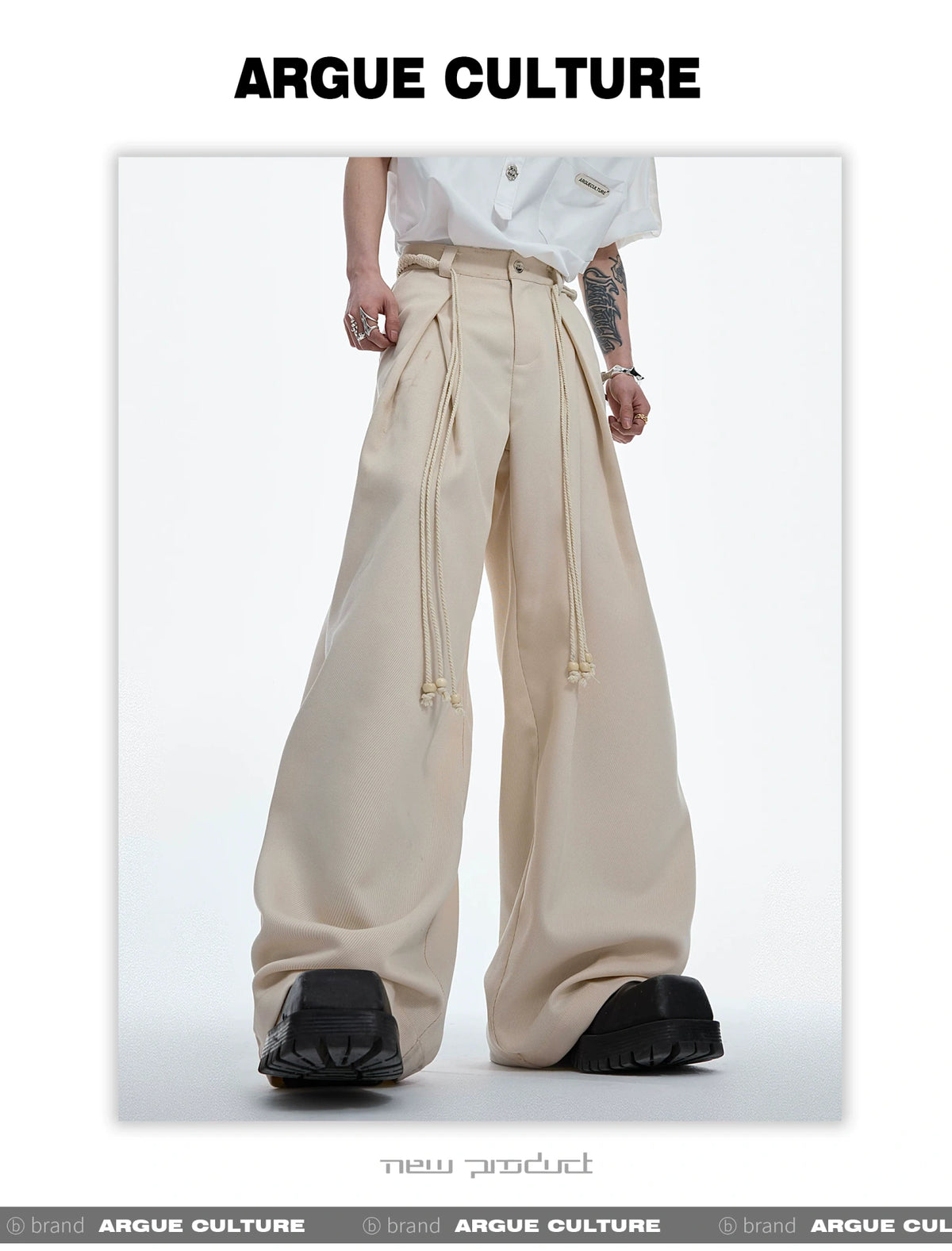 Pleated Wide-Leg Trousers with Drawstring Details - description image 3