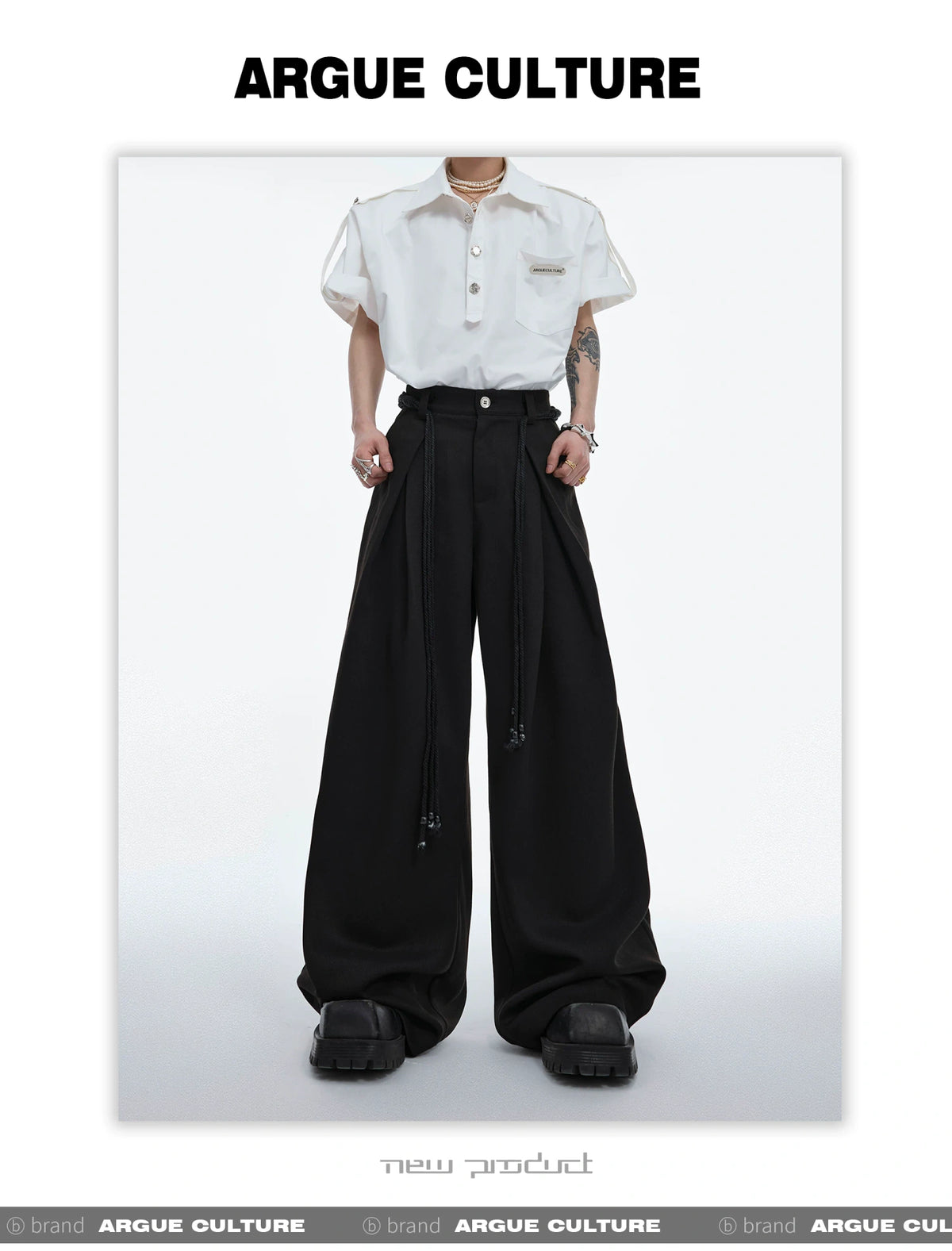Pleated Wide-Leg Trousers with Drawstring Details - description image 7