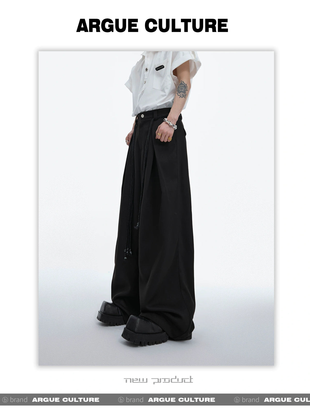 Pleated Wide-Leg Trousers with Drawstring Details - description image 8