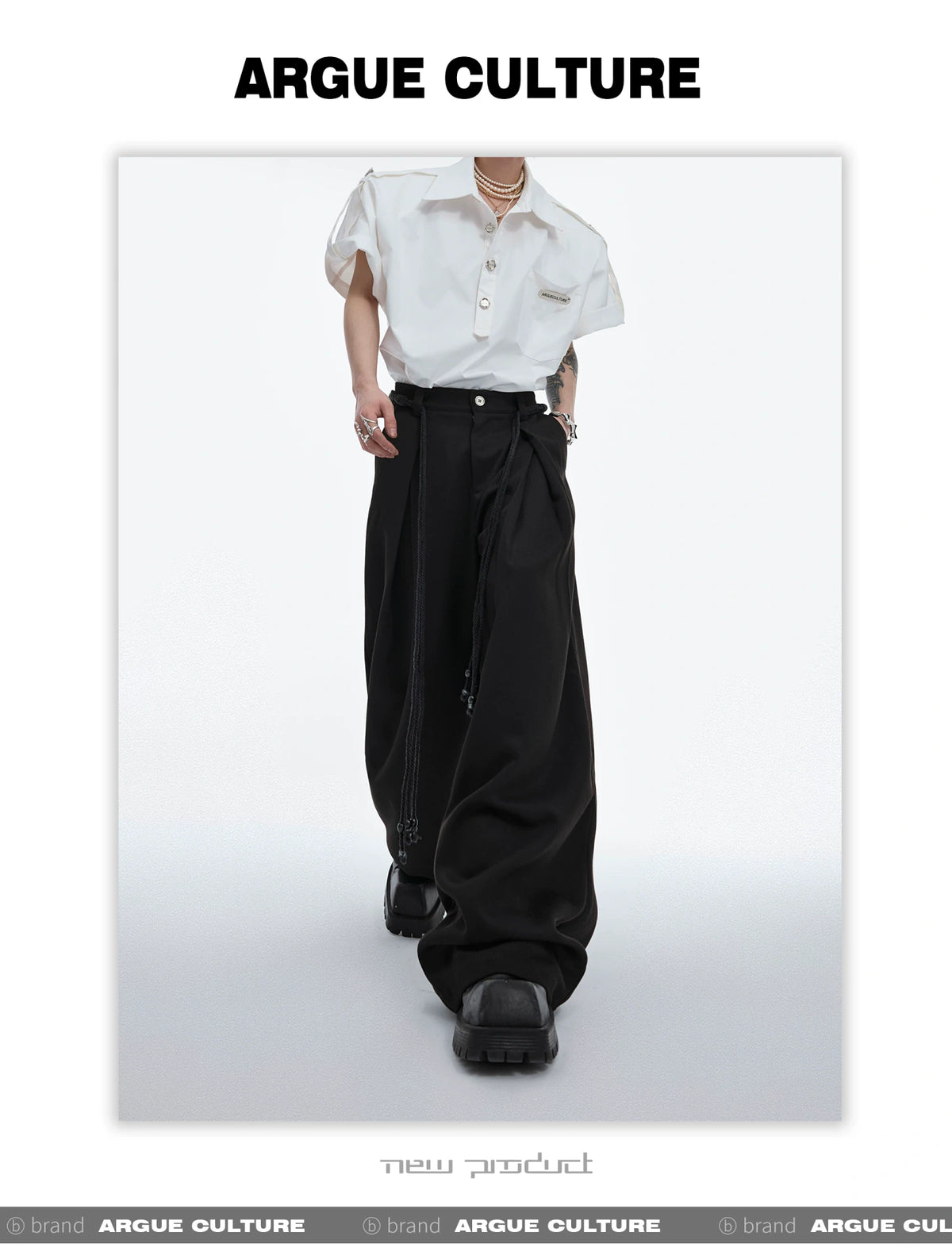 Pleated Wide-Leg Trousers with Drawstring Details - description image 9