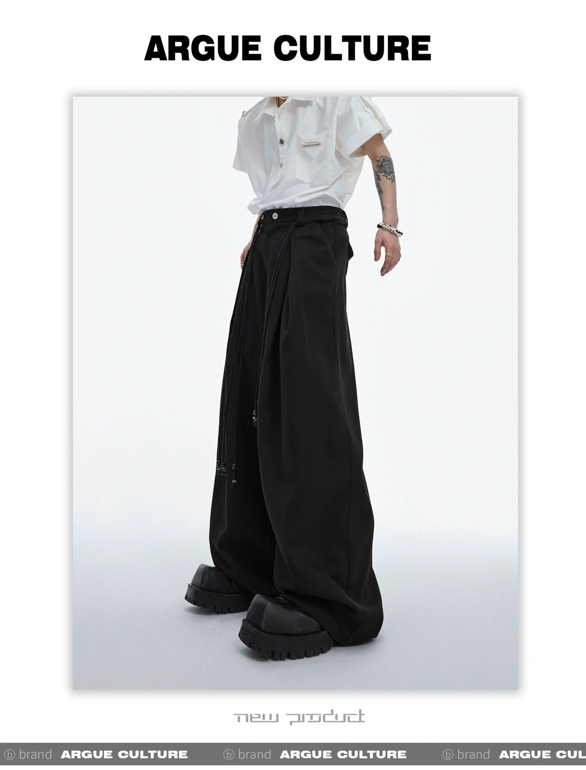 Pleated Wide-Leg Trousers with Drawstring Details - description image 10