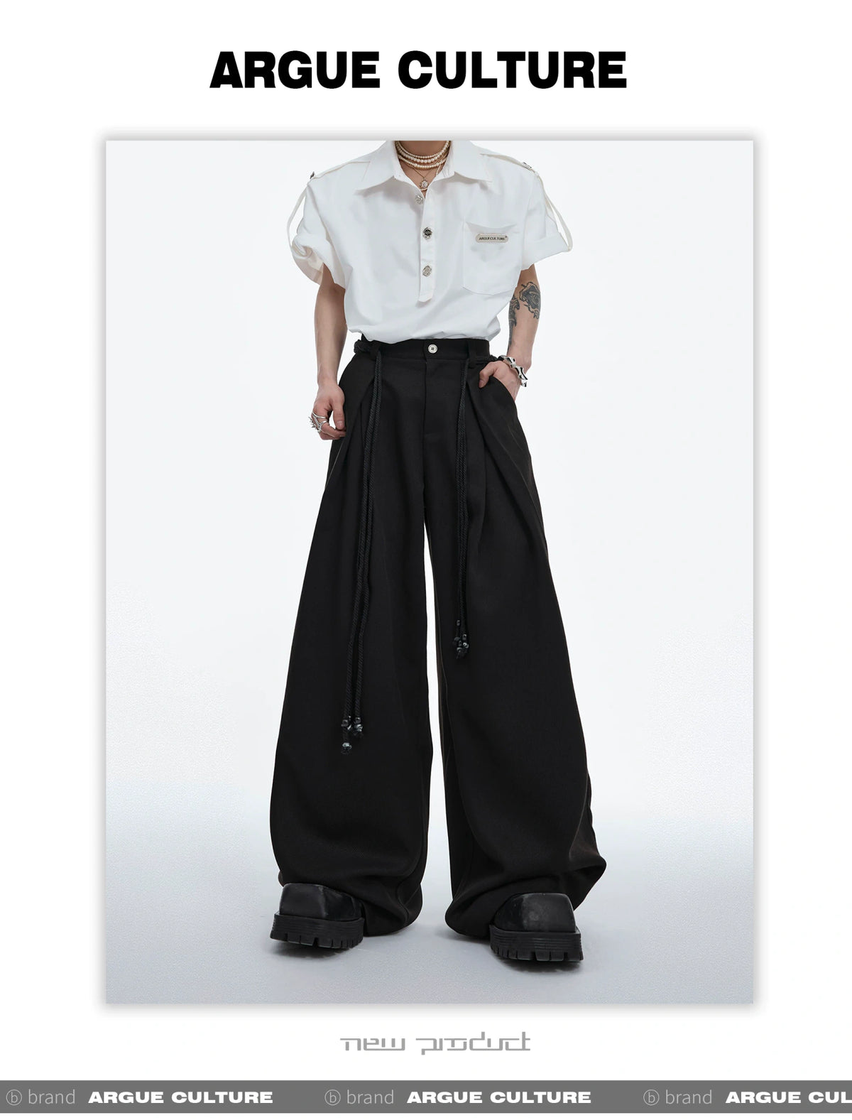 Pleated Wide-Leg Trousers with Drawstring Details - description image 12