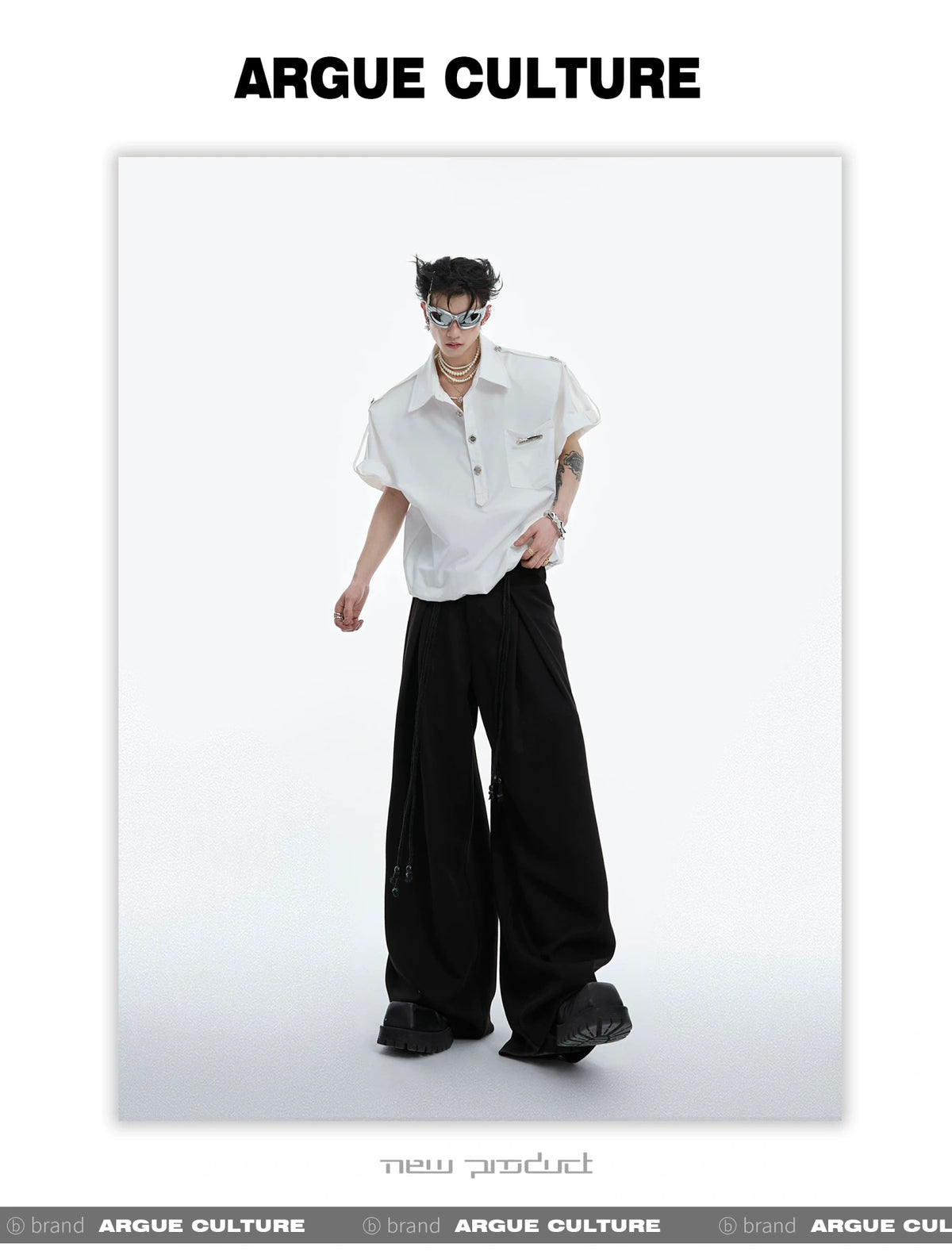 Pleated Wide-Leg Trousers with Drawstring Details - description image 13