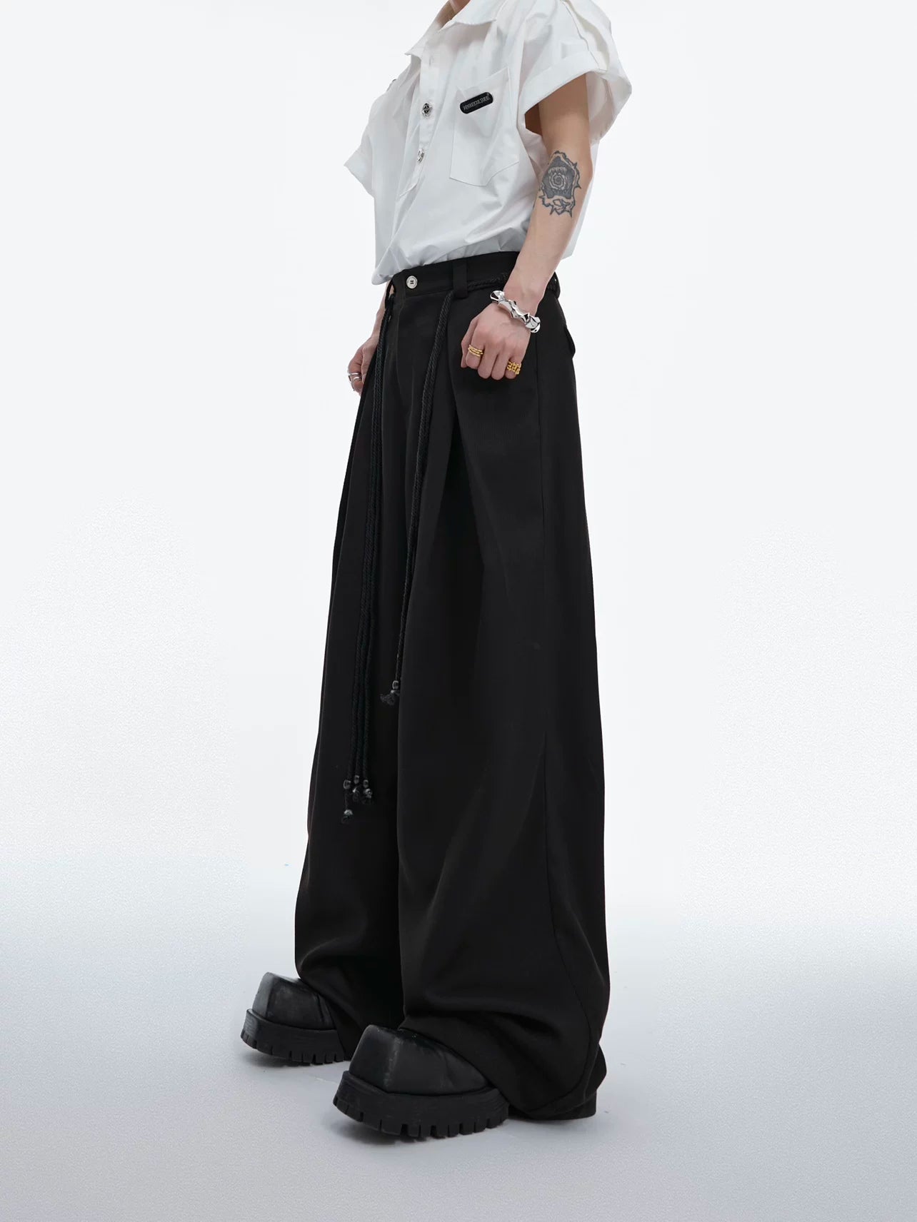 Pleated Wide-Leg Trousers with Drawstring Details - main image 1