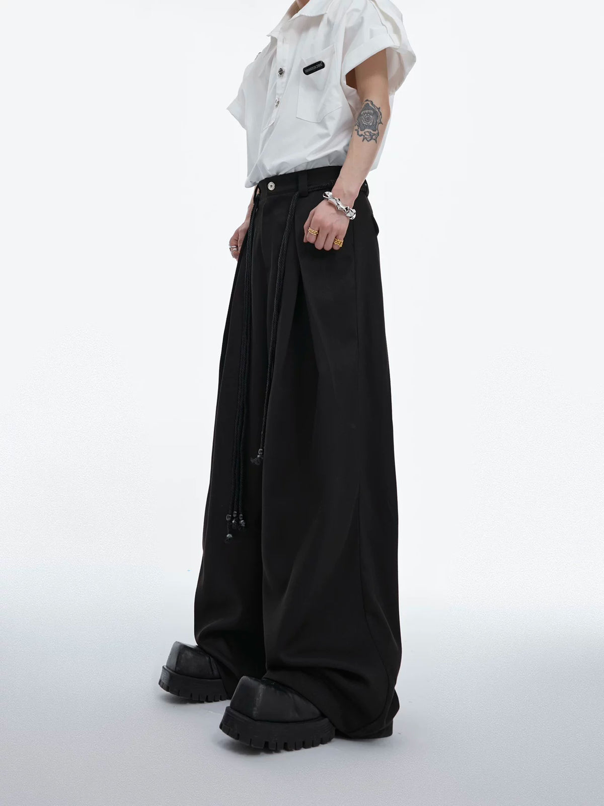 Pleated Wide-Leg Trousers with Drawstring Details - main image 1