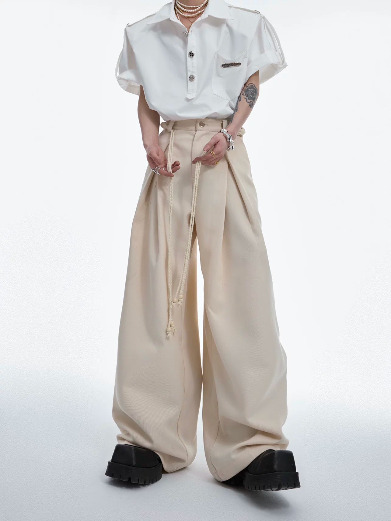 Pleated Wide-Leg Trousers with Drawstring Details - main image 2