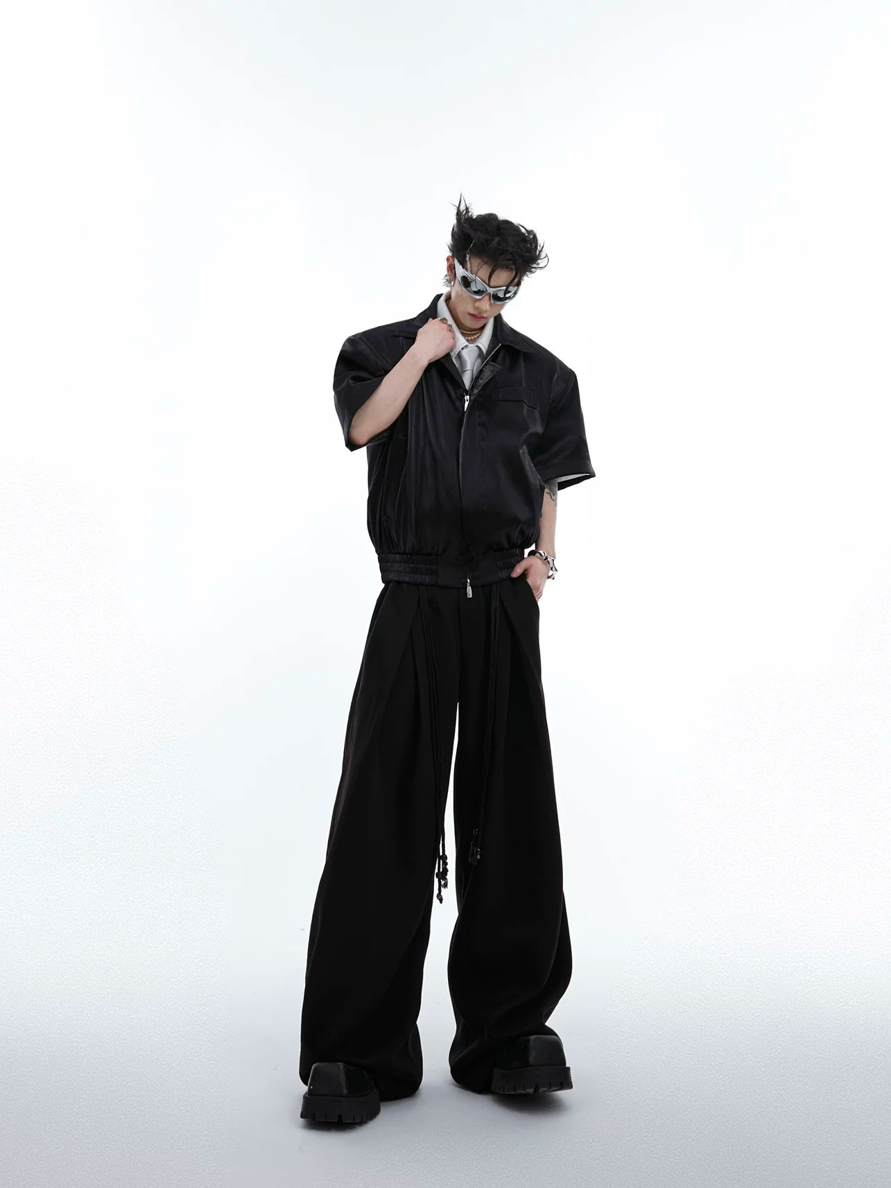 Pleated Wide-Leg Trousers with Drawstring Details - main image 5