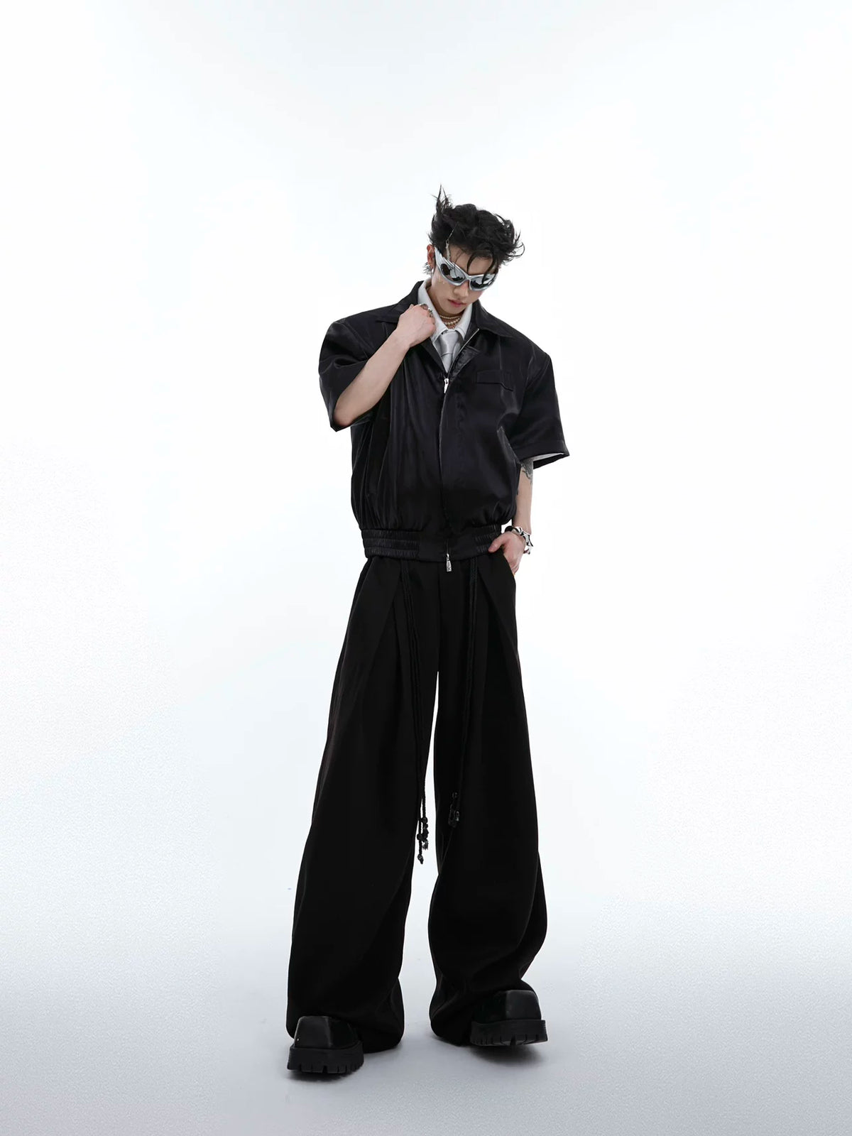 Pleated Wide-Leg Trousers with Drawstring Details - main image 5