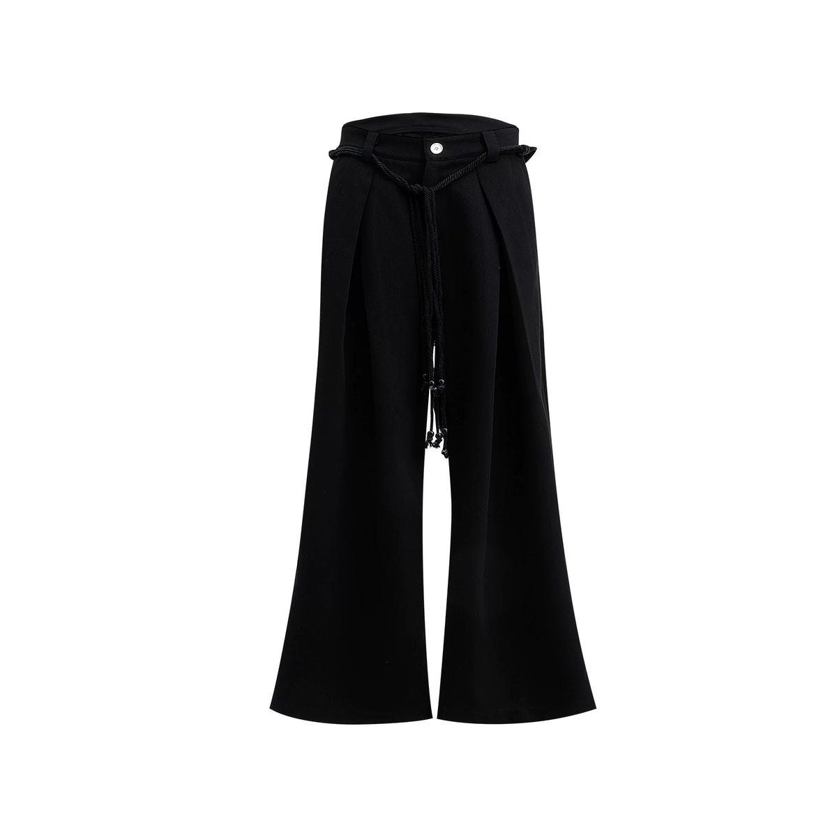 Pleated Wide-Leg Trousers with Drawstring Details - Black