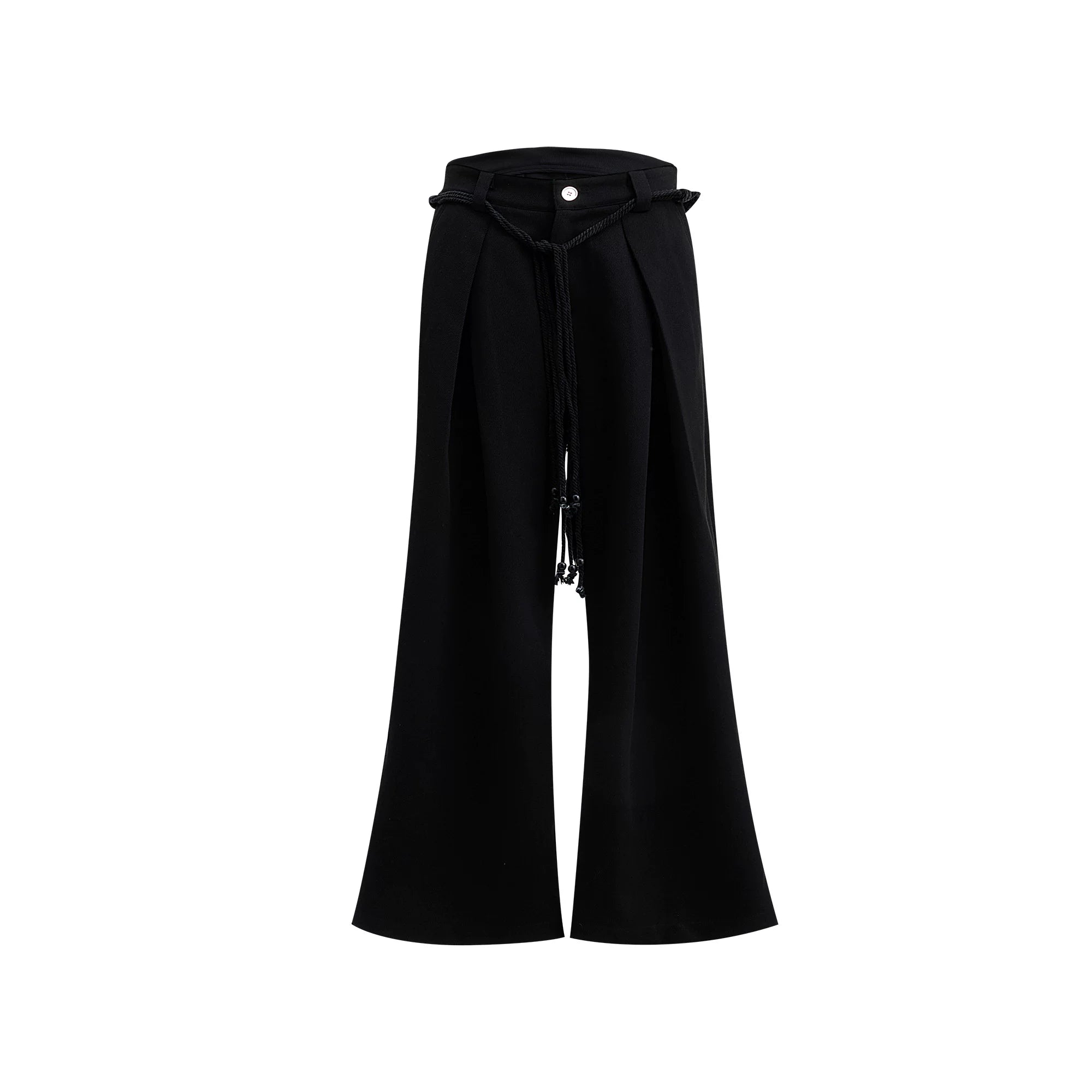 Pleated Wide-Leg Trousers with Drawstring Details - Black