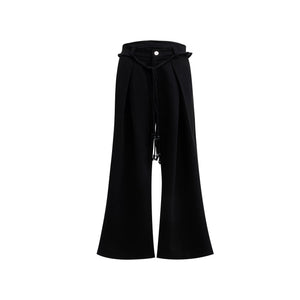 Pleated Wide-Leg Trousers with Drawstring Details - Black