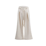 Pleated Wide-Leg Trousers with Drawstring Details - Yellow