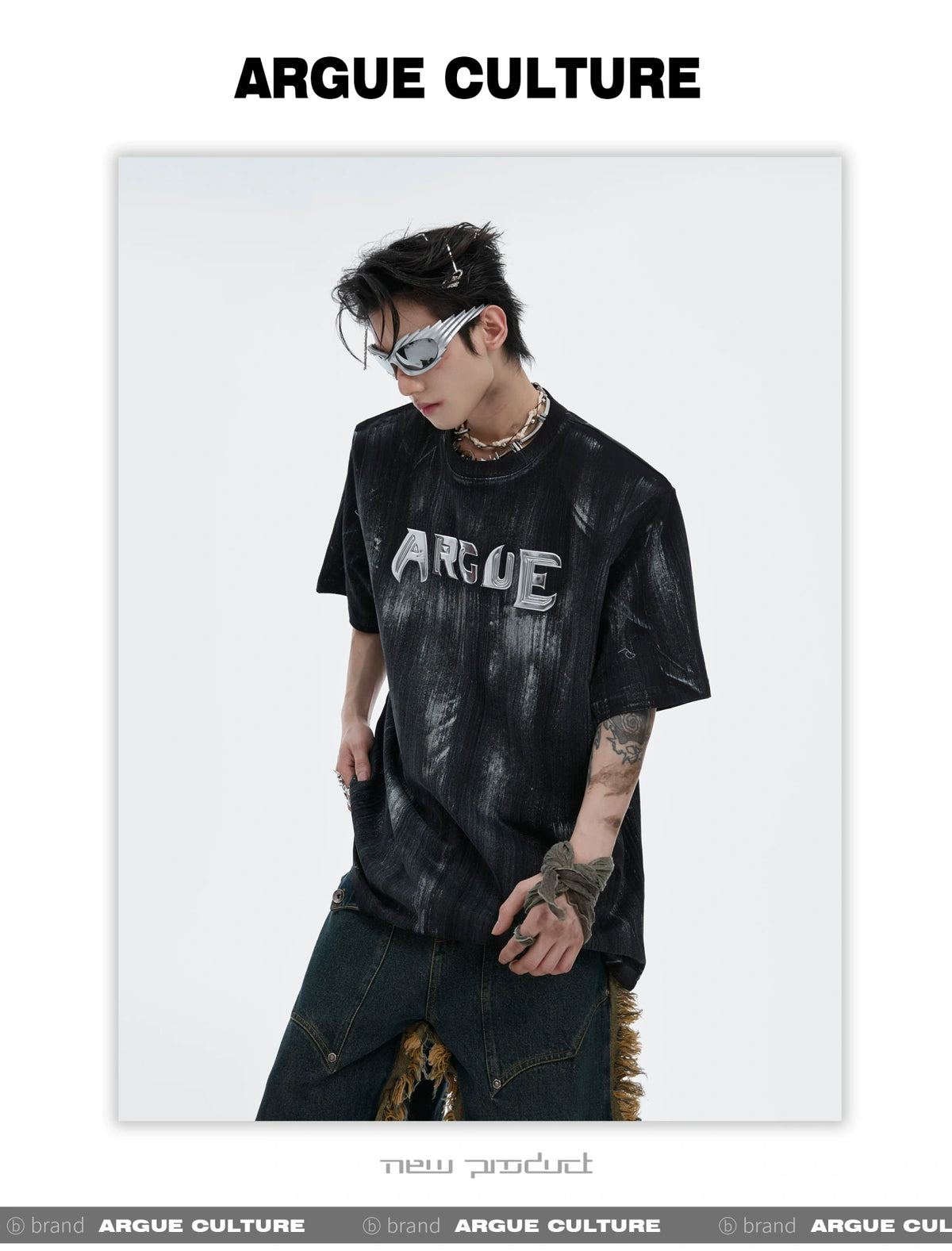 Distressed Cotton Silver Logo Shoulder-Pad T-Shirt - description image 2