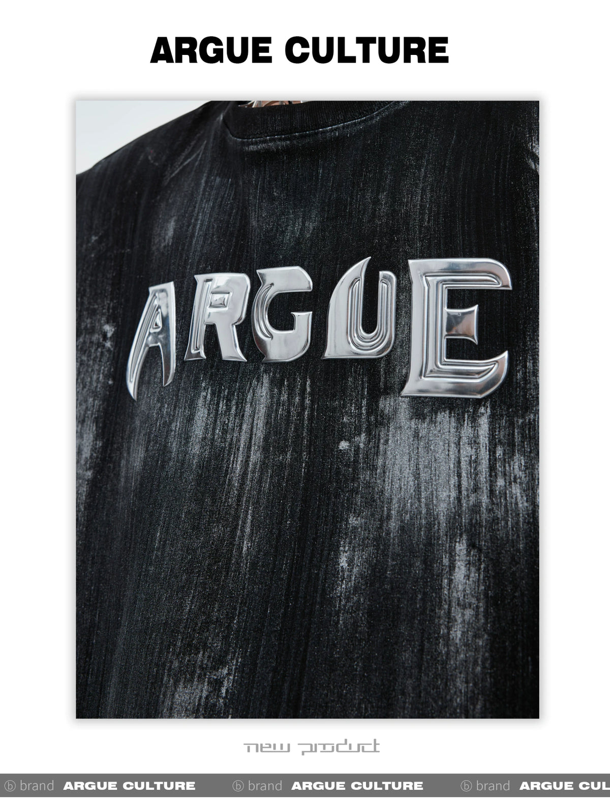 Distressed Cotton Silver Logo Shoulder-Pad T-Shirt - description image 3