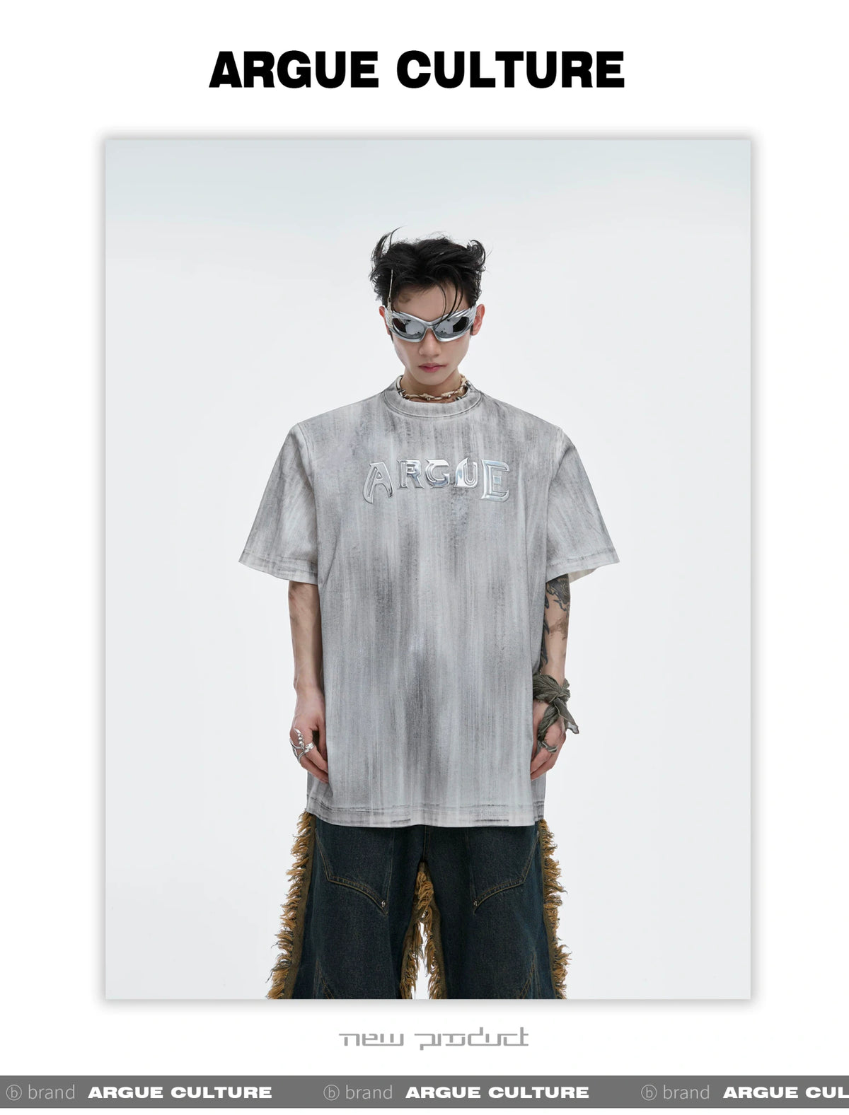 Distressed Cotton Silver Logo Shoulder-Pad T-Shirt - description image 5