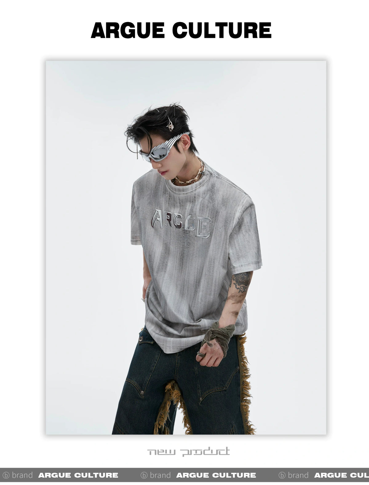 Distressed Cotton Silver Logo Shoulder-Pad T-Shirt - description image 6