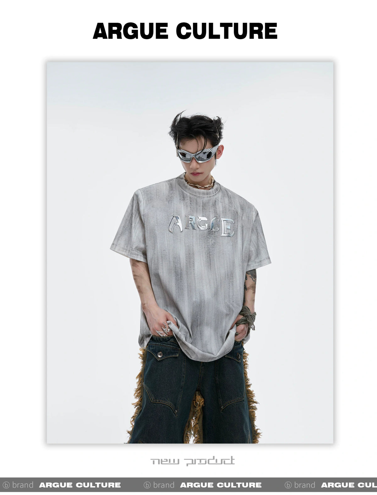 Distressed Cotton Silver Logo Shoulder-Pad T-Shirt - description image 7