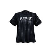 Distressed Cotton Silver Logo Shoulder-Pad T-Shirt - Black