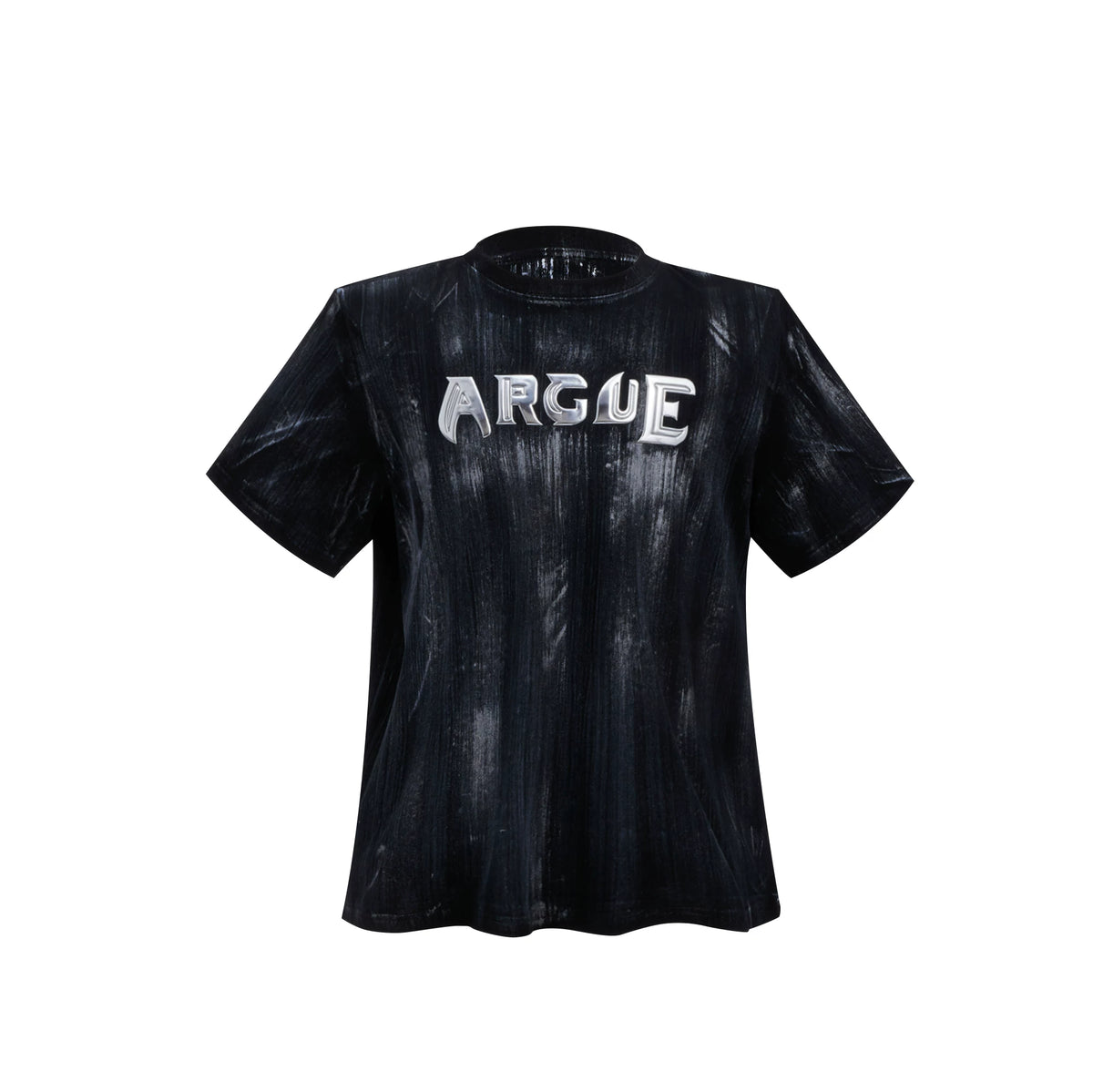 Distressed Cotton Silver Logo Shoulder-Pad T-Shirt - Black