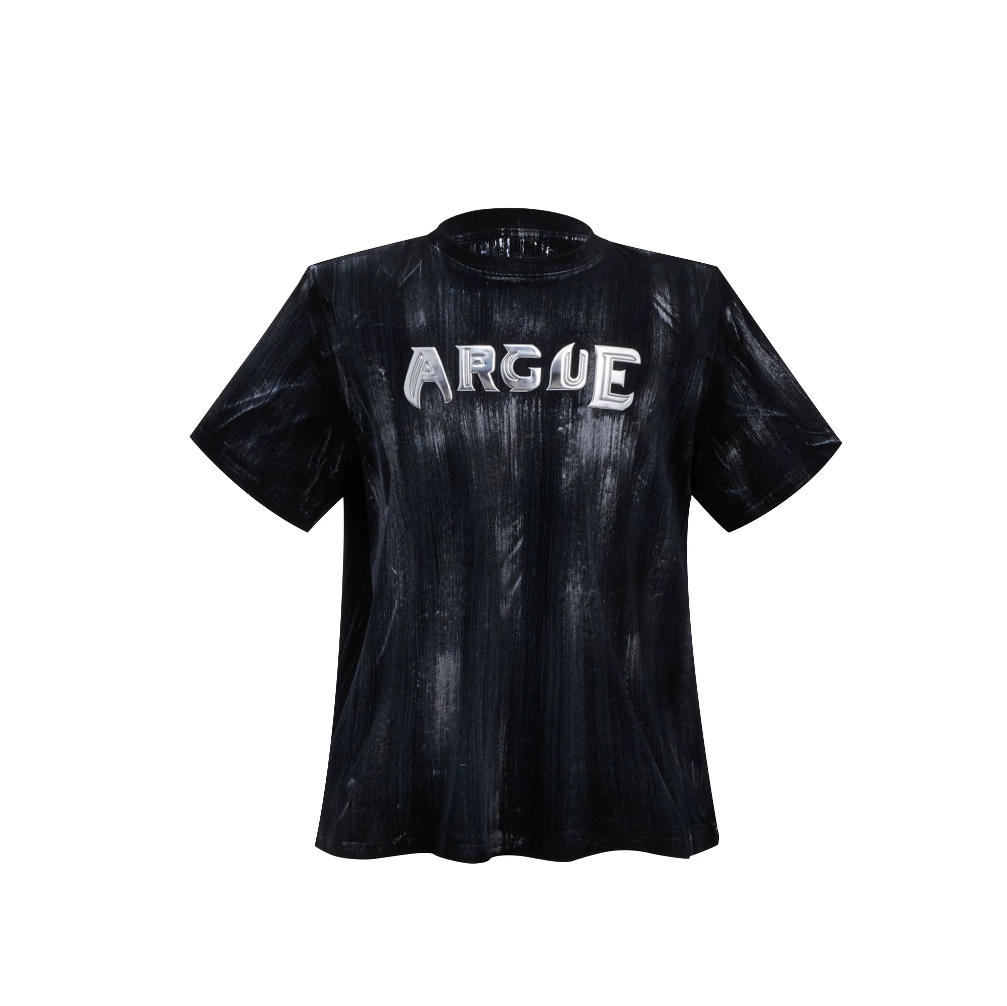 Distressed Cotton Silver Logo Shoulder-Pad T-Shirt - Black
