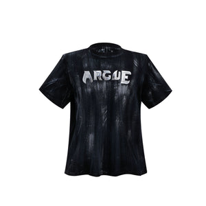 Distressed Cotton Silver Logo Shoulder-Pad T-Shirt - Black