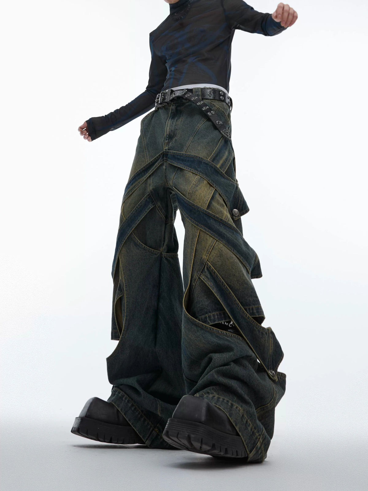 Washed Cutout Flared Utility Jeans | Wide-Leg Denim - main image 1