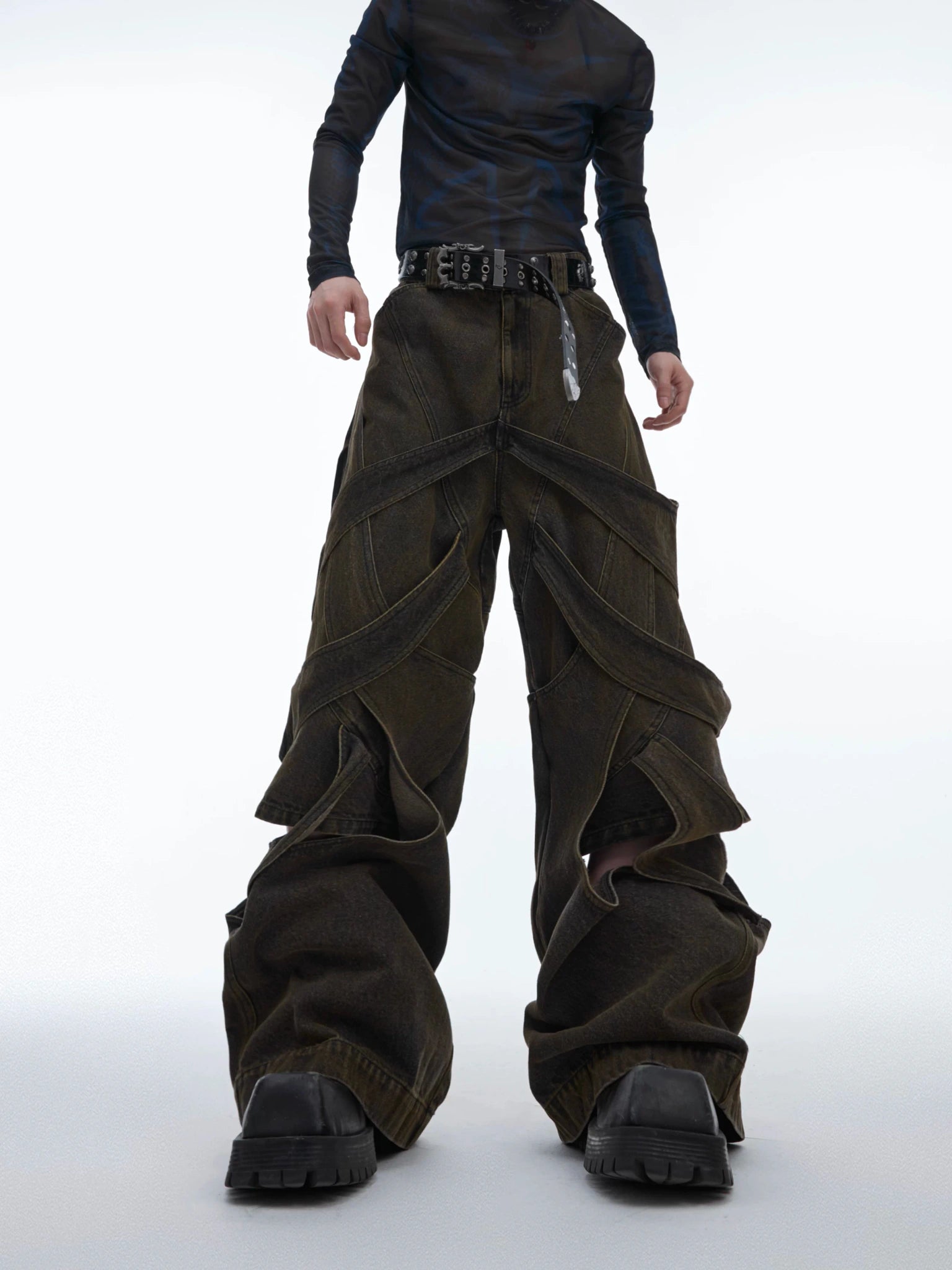 Washed Cutout Flared Utility Jeans | Wide-Leg Denim - main image 2